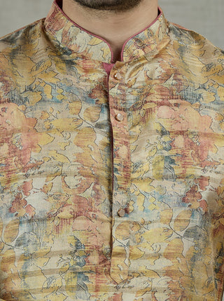 Yellow Printed Kurta For Men