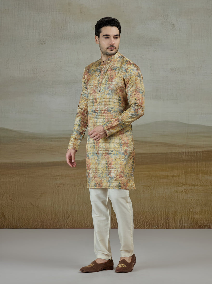 Yellow Printed Kurta For Men