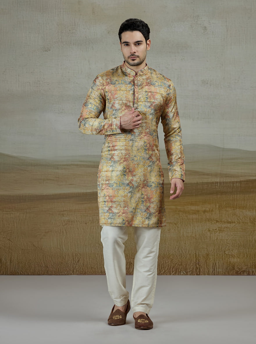 Yellow Printed Kurta For Men