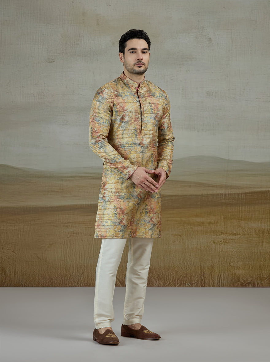 Yellow Printed Kurta For Men