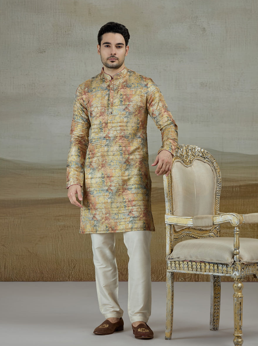Yellow Printed Kurta For Men