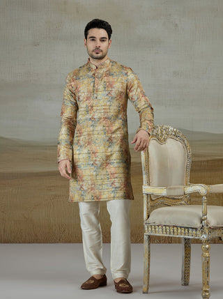 Yellow Printed Kurta For Men