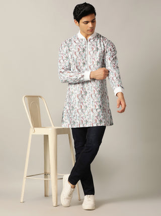 White Multi Printed Kurta For Men