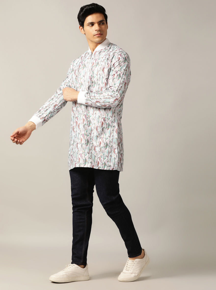 White Multi Printed Kurta For Men