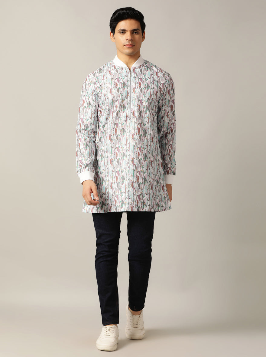 White Multi Printed Kurta For Men