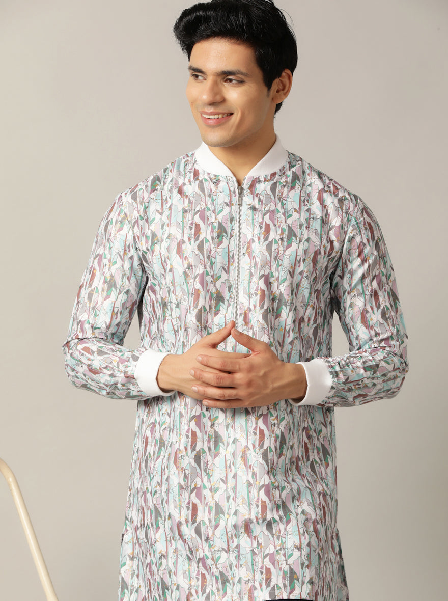 White Multi Printed Kurta For Men