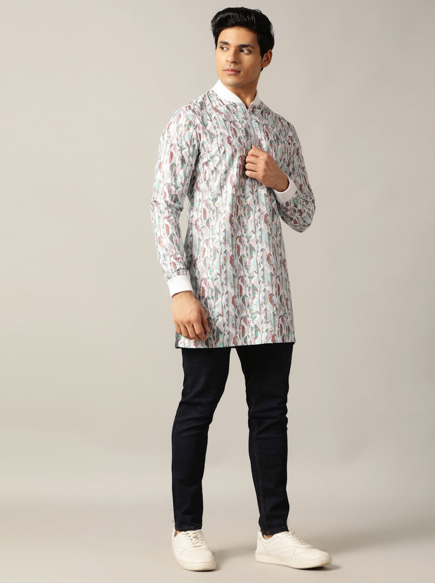 White Multi Printed Kurta For Men