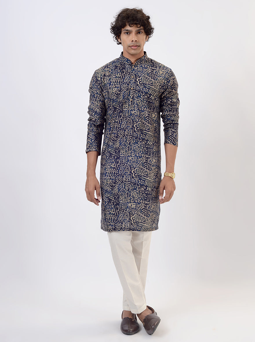 Blue Printed Kurta For Men