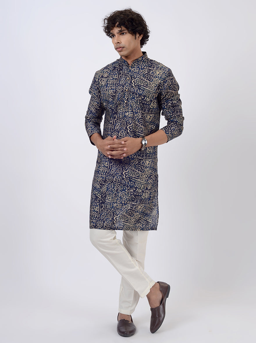 Blue Printed Kurta For Men