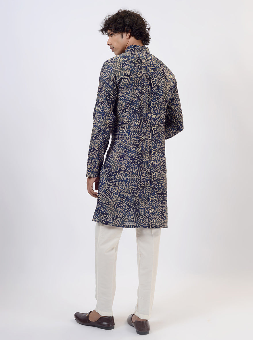 Blue Printed Kurta For Men