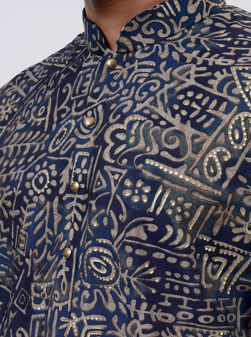 Blue Printed Kurta For Men