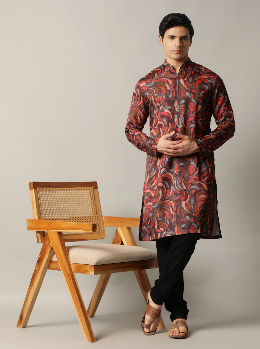 Red & Grey Multi Printed Kurta For Men