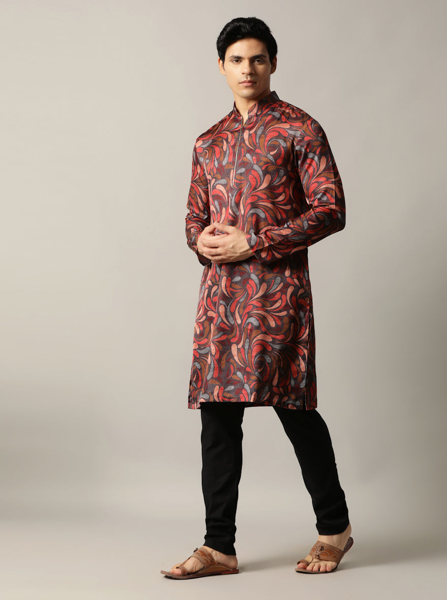 Red & Grey Multi Printed Kurta For Men