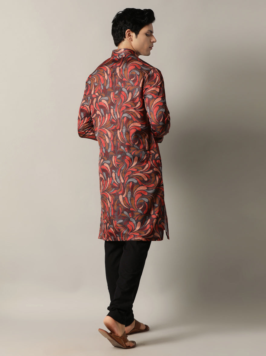 Red & Grey Multi Printed Kurta For Men