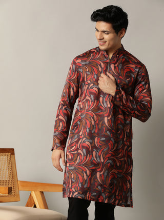 Red & Grey Multi Printed Kurta For Men