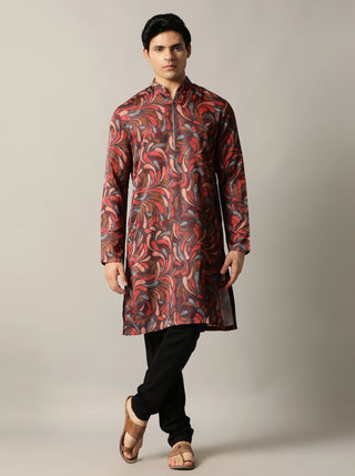 Red & Grey Multi Printed Kurta For Men