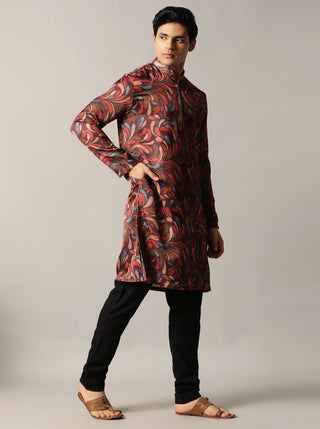 Red & Grey Multi Printed Kurta For Men