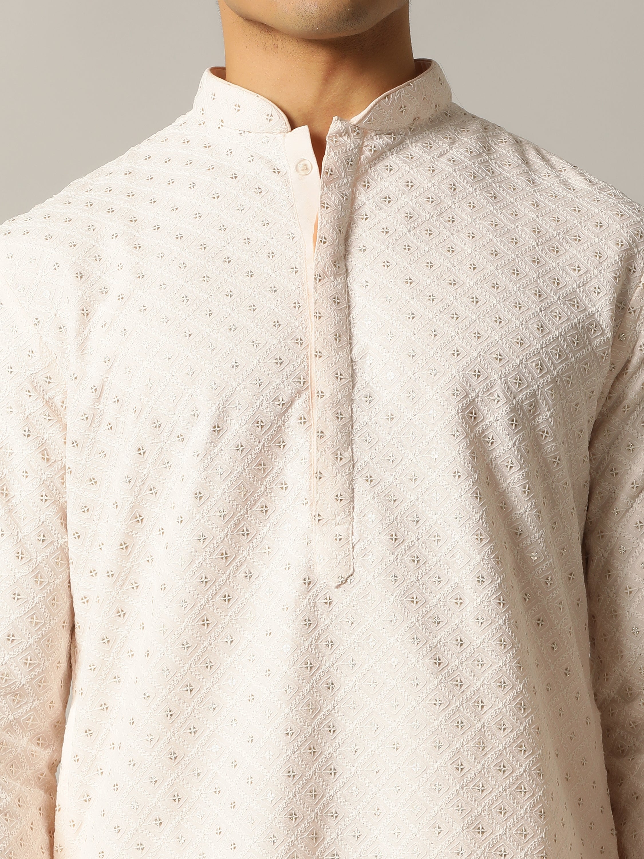 Peach Embroidered Kurta For Men