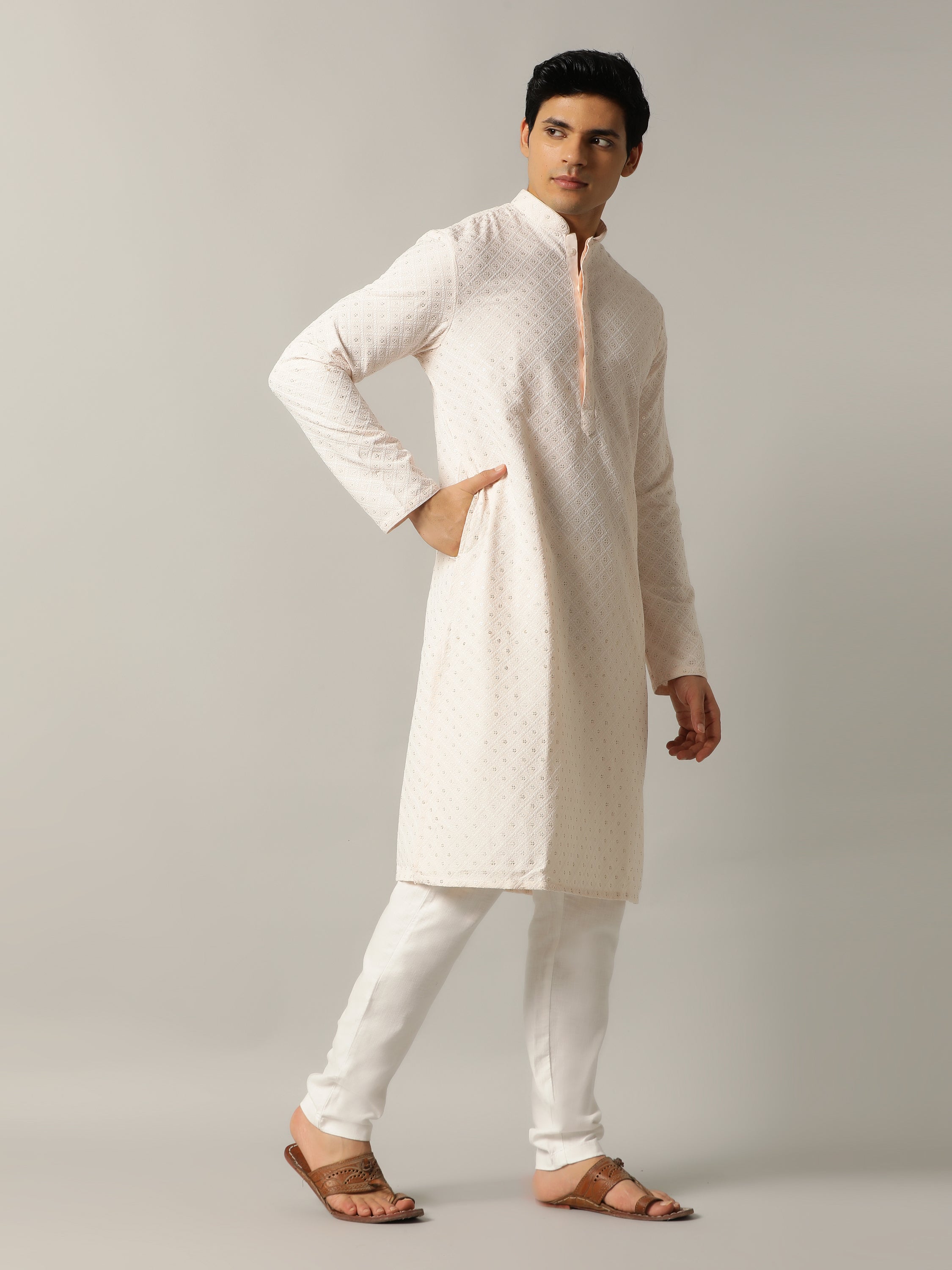 Peach Embroidered Kurta For Men