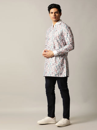 White Lilac Multi Printed Kurta For Men