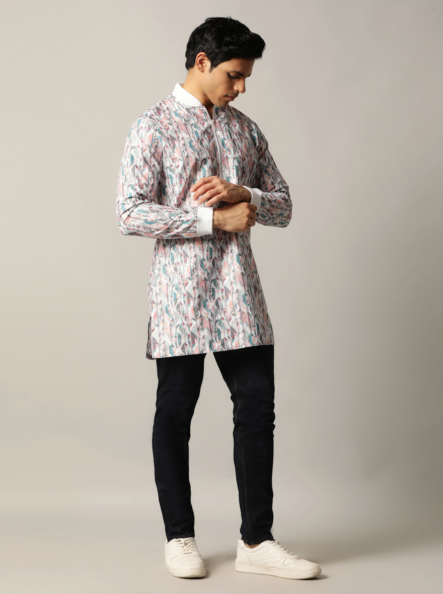 White Lilac Multi Printed Kurta For Men