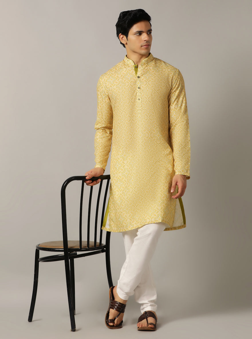 Yellow Printed Kurta For Men