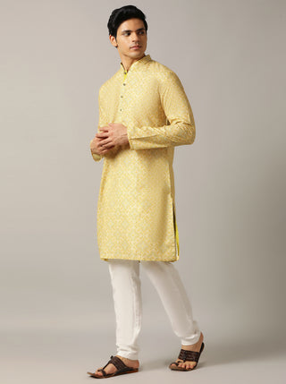 Yellow Printed Kurta For Men