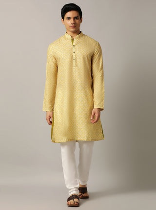 Yellow Printed Kurta For Men