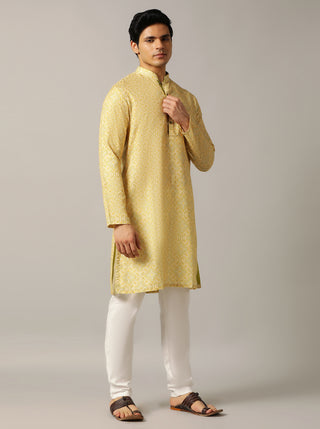 Yellow Printed Kurta For Men