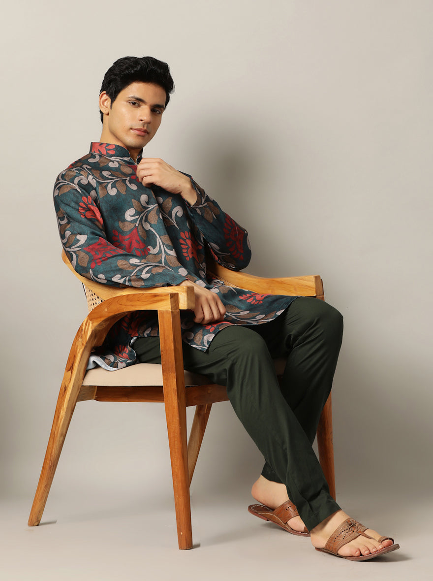 Teal Blue Printed Kurta For Men