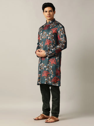 Teal Blue Printed Kurta For Men