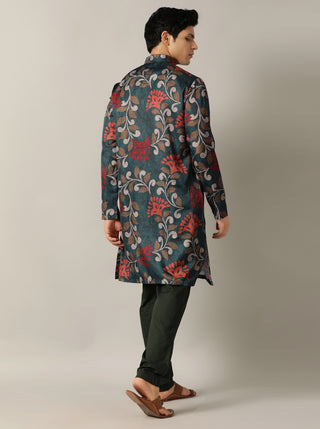 Teal Blue Printed Kurta For Men