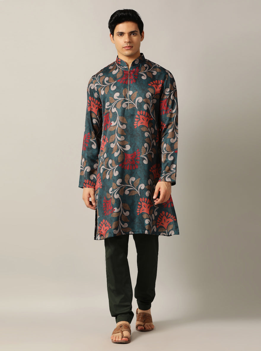 Teal Blue Printed Kurta For Men