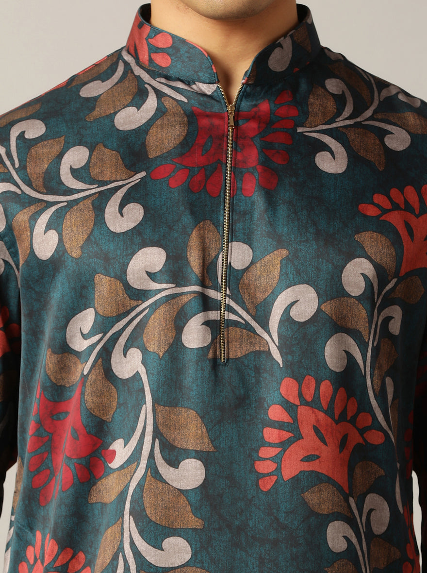 Teal Blue Printed Kurta For Men