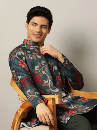 Teal Blue Printed Kurta For Men