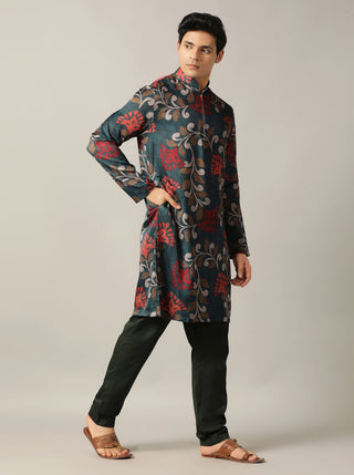 Teal Blue Printed Kurta For Men