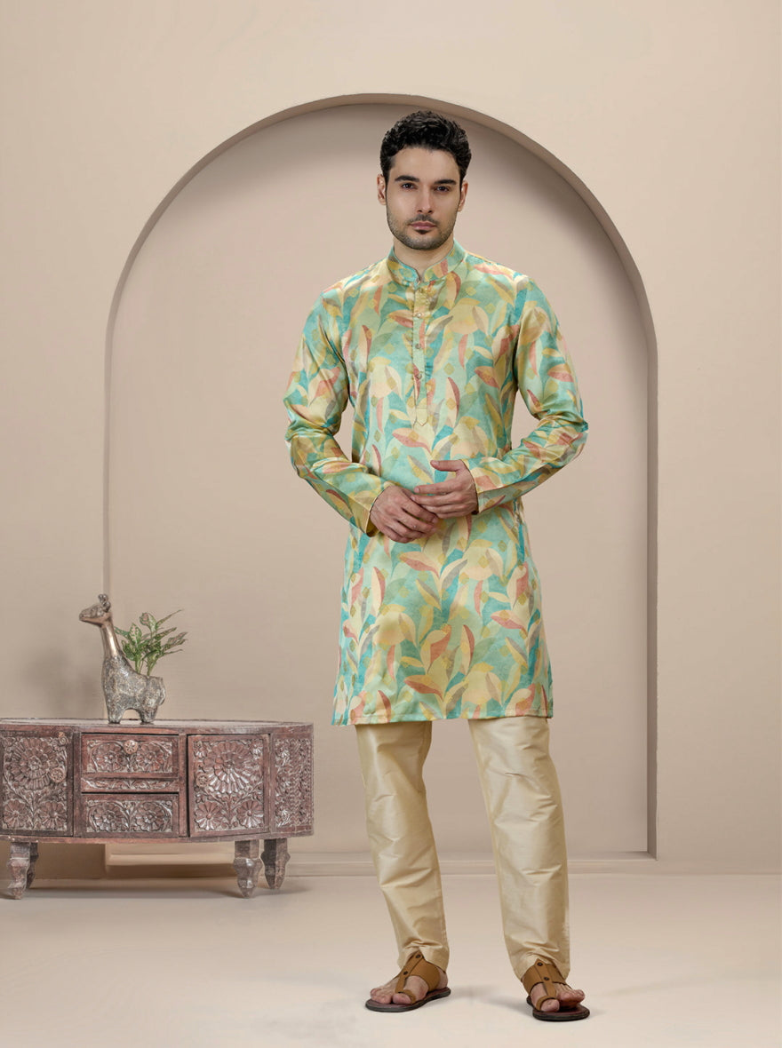 Light Green Printed Kurta For Men