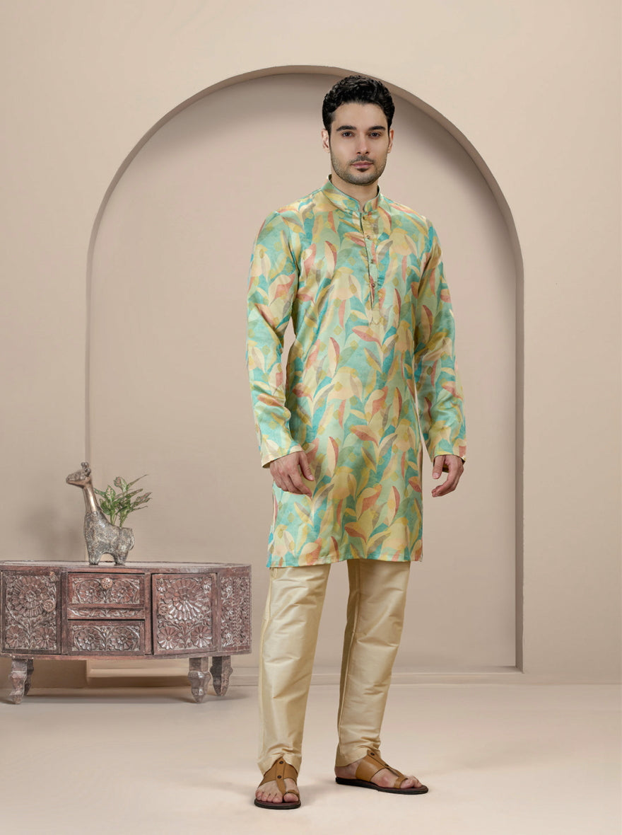 Light Green Printed Kurta For Men