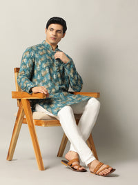 Blue Printed Kurta For Men