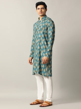 Blue Printed Kurta For Men