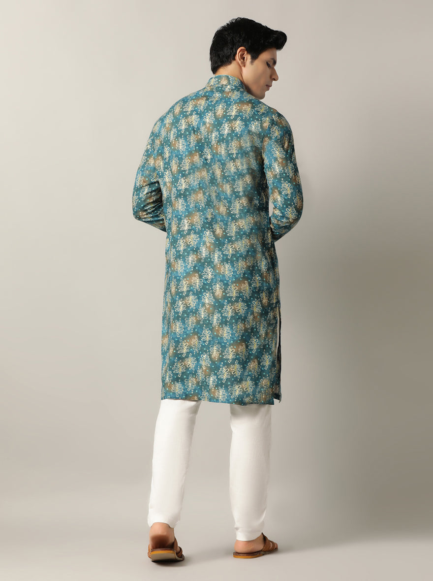 Blue Printed Kurta For Men