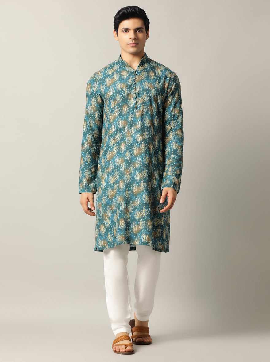 Blue Printed Kurta For Men