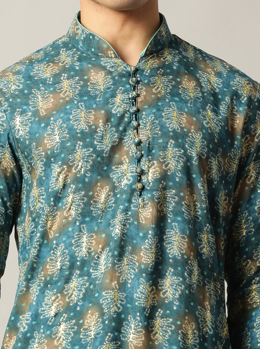 Blue Printed Kurta For Men