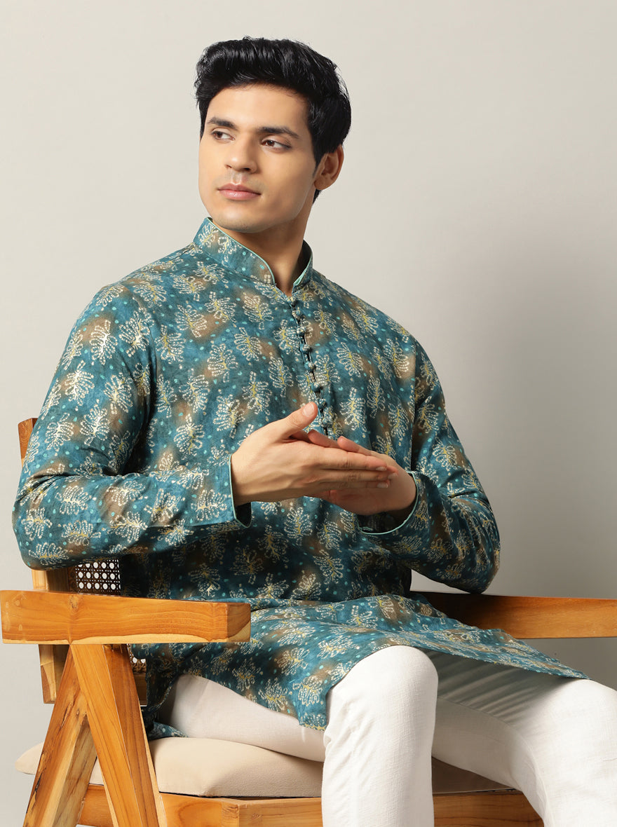 Blue Printed Kurta For Men