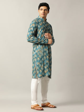 Blue Printed Kurta For Men