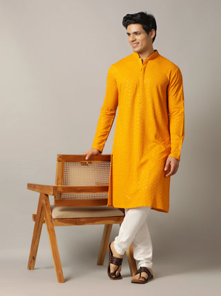 Yellow Embroidered Kurta For Men