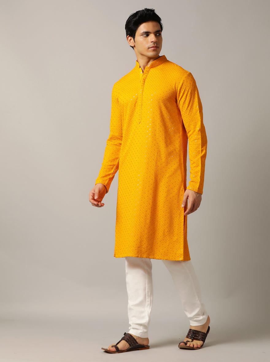 Yellow Embroidered Kurta For Men