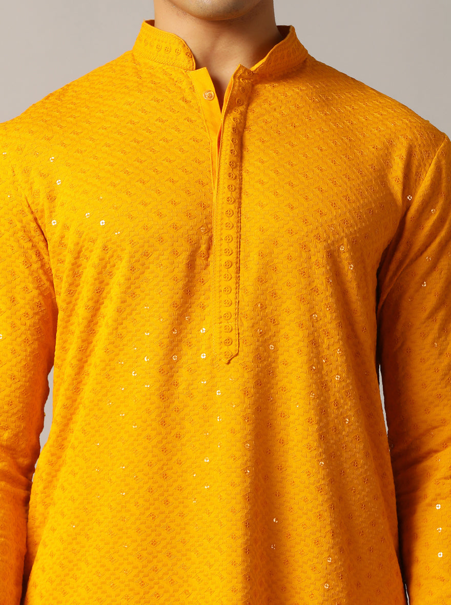 Yellow Embroidered Kurta For Men