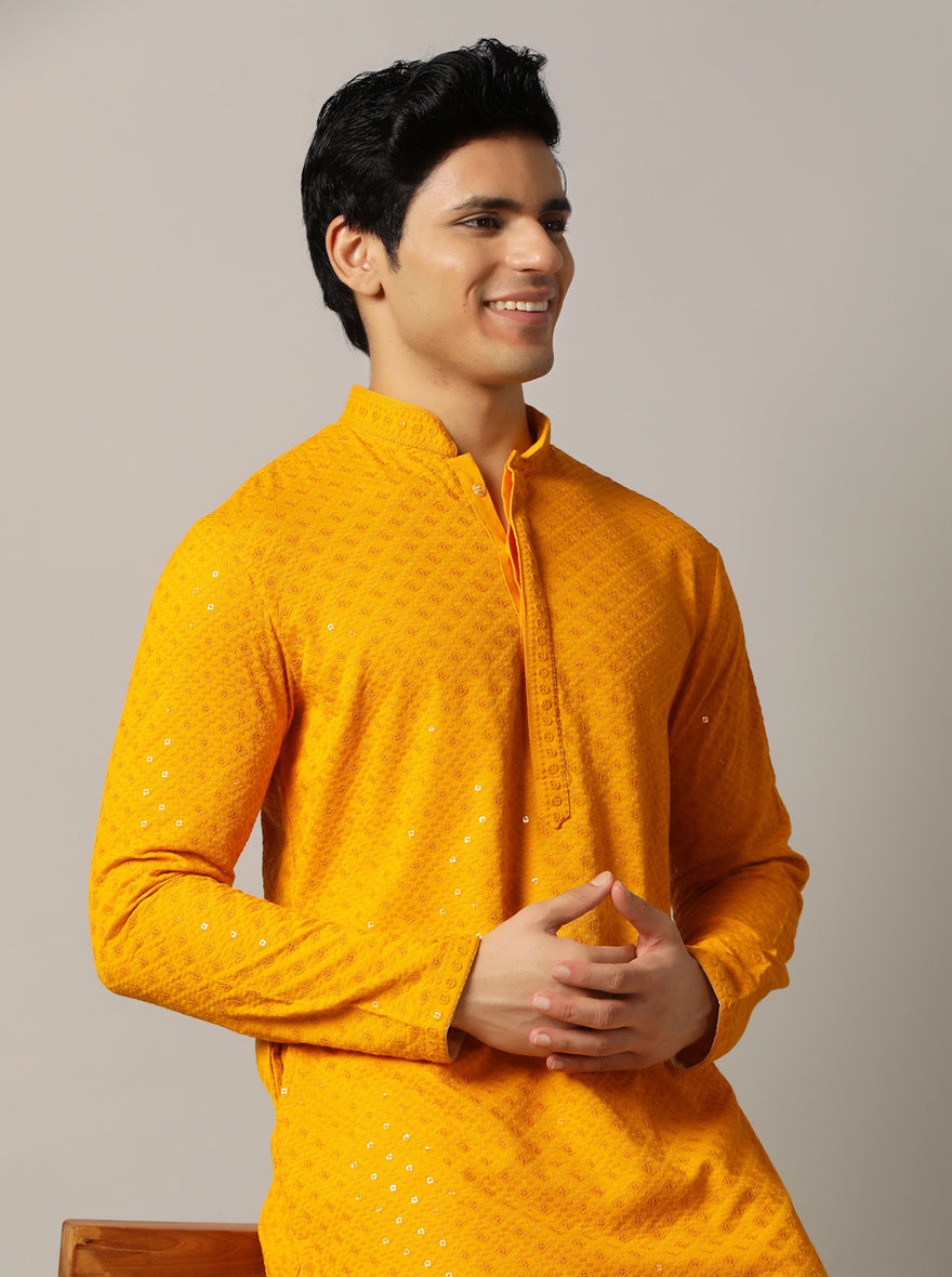 Yellow Embroidered Kurta For Men