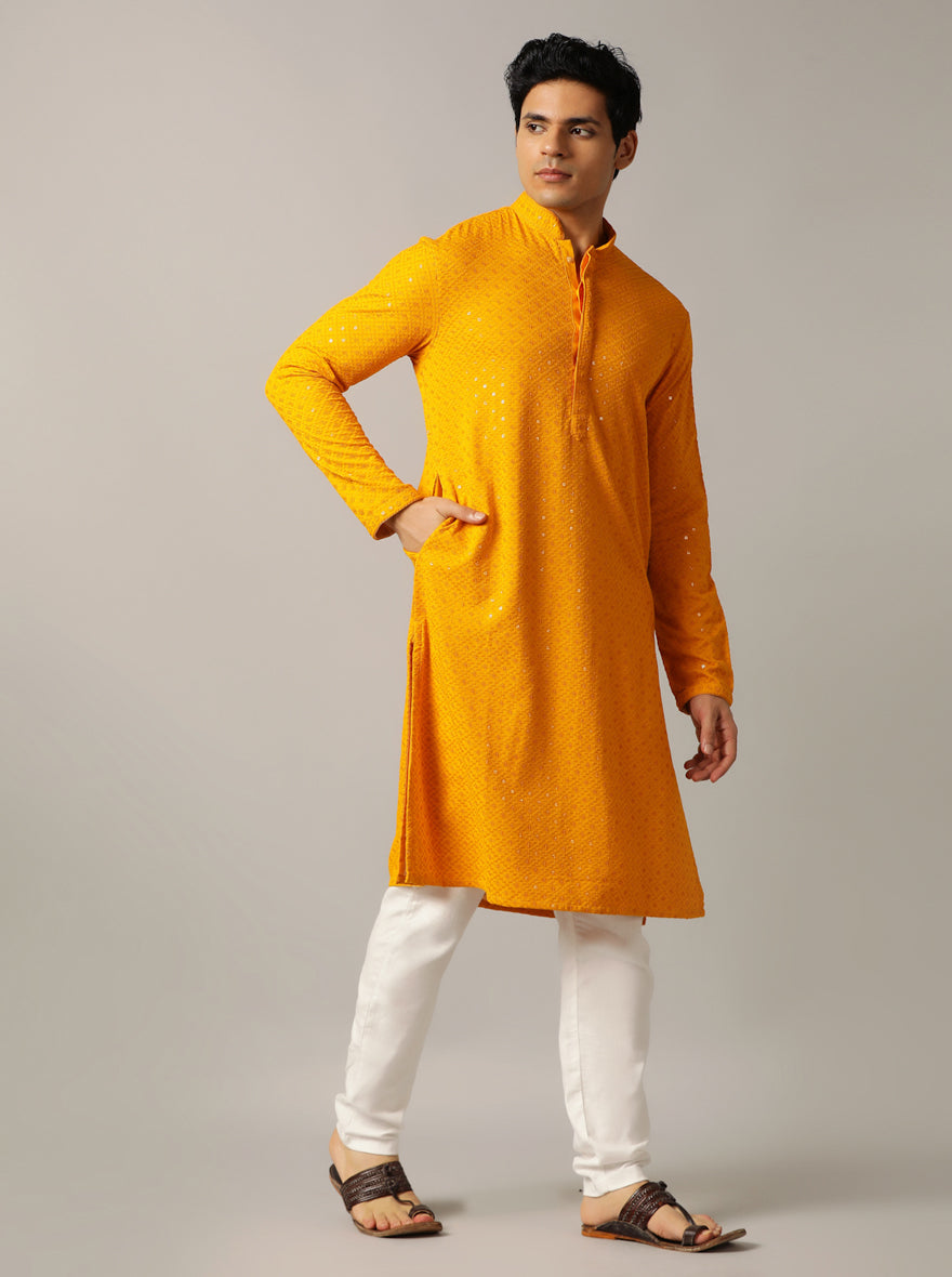 Yellow Embroidered Kurta For Men